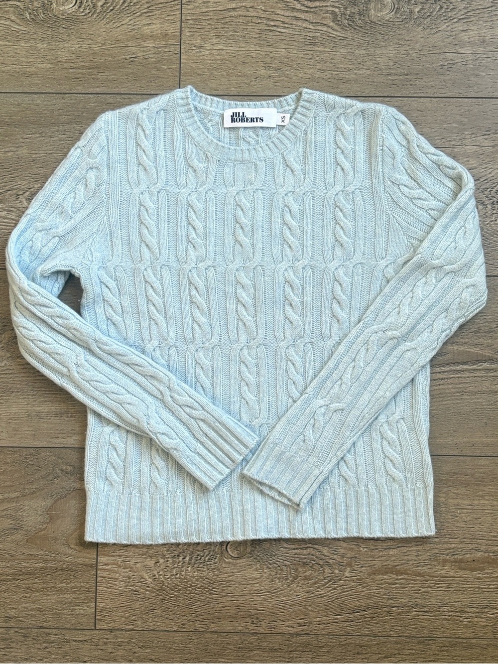 Jill Roberts Cashmere Light Baby Blue Mid Weight Cable Knit Crewneck Sweater